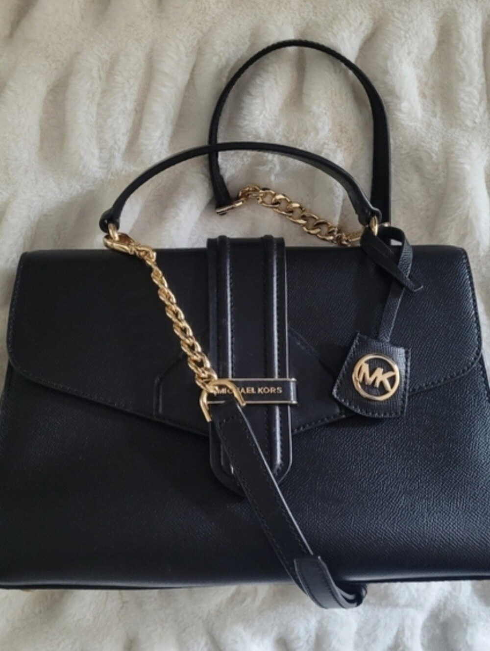 Michael Kors Black Saffiano Leather Satchel with Gold Chain